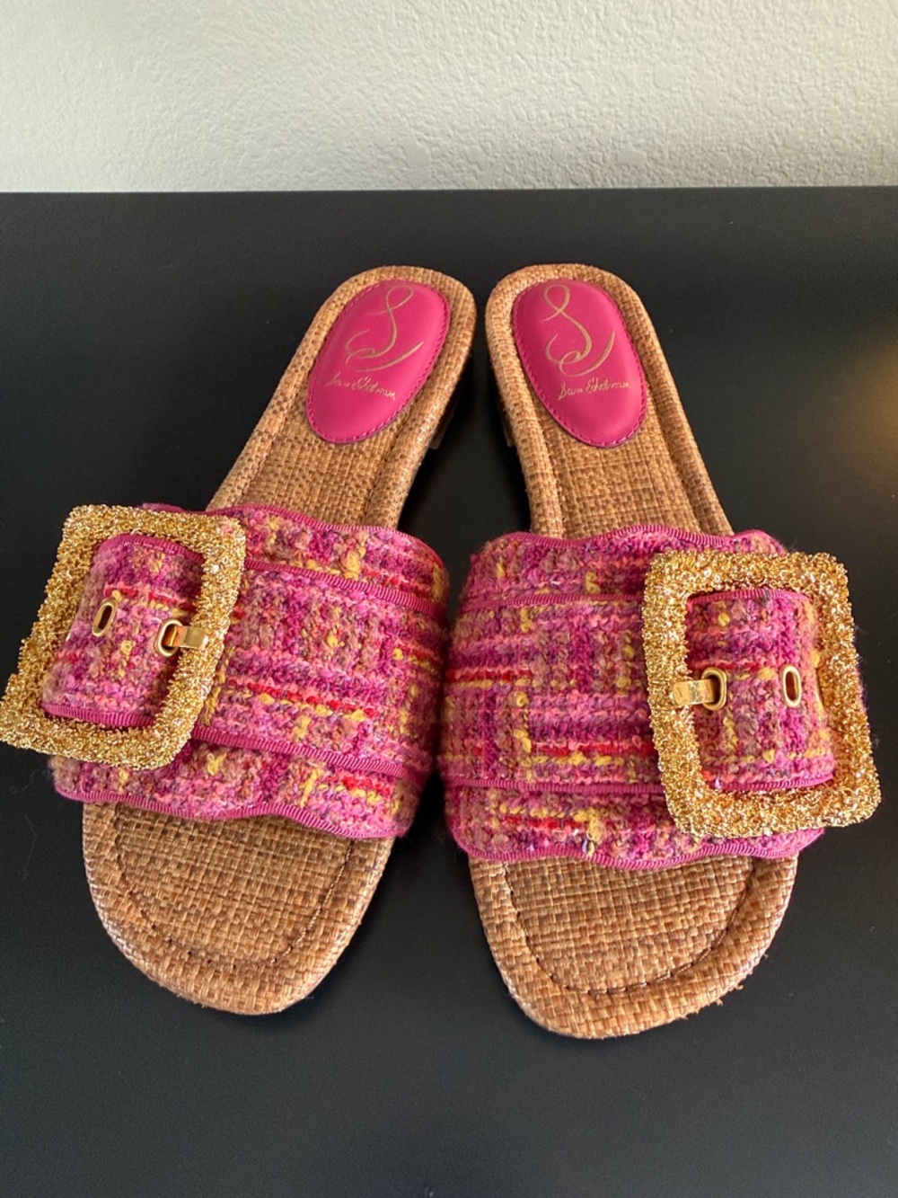 Sam Edelman Bambi 2 Pink Tweed Slide Sandals with Gold Buckles - Picture 3 of 12